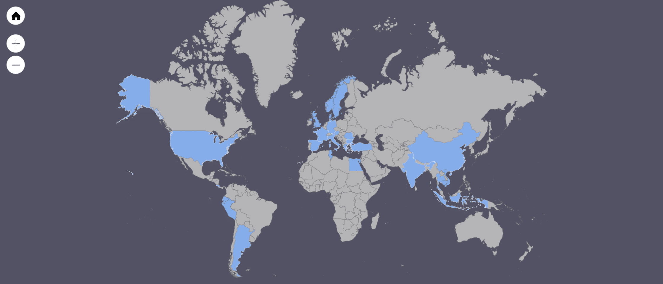 verdens kort med blåt markerede enkelte lande